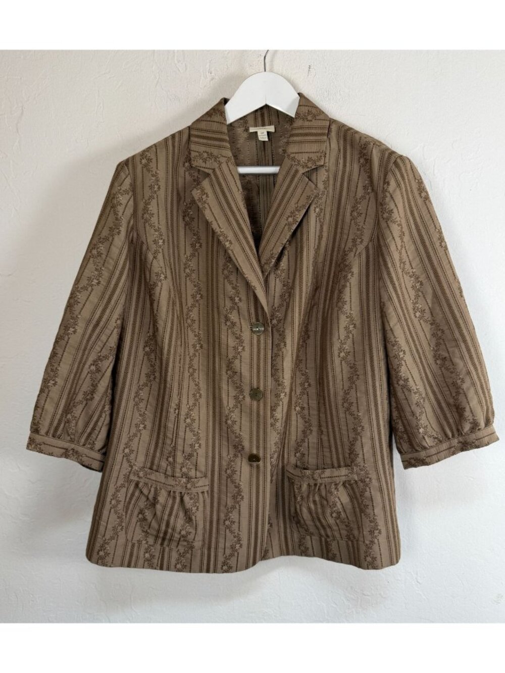 J. Jill Womens Brown Striped Floral Jacquard 3/4 Sleeve Blazer Jacket Size 2X